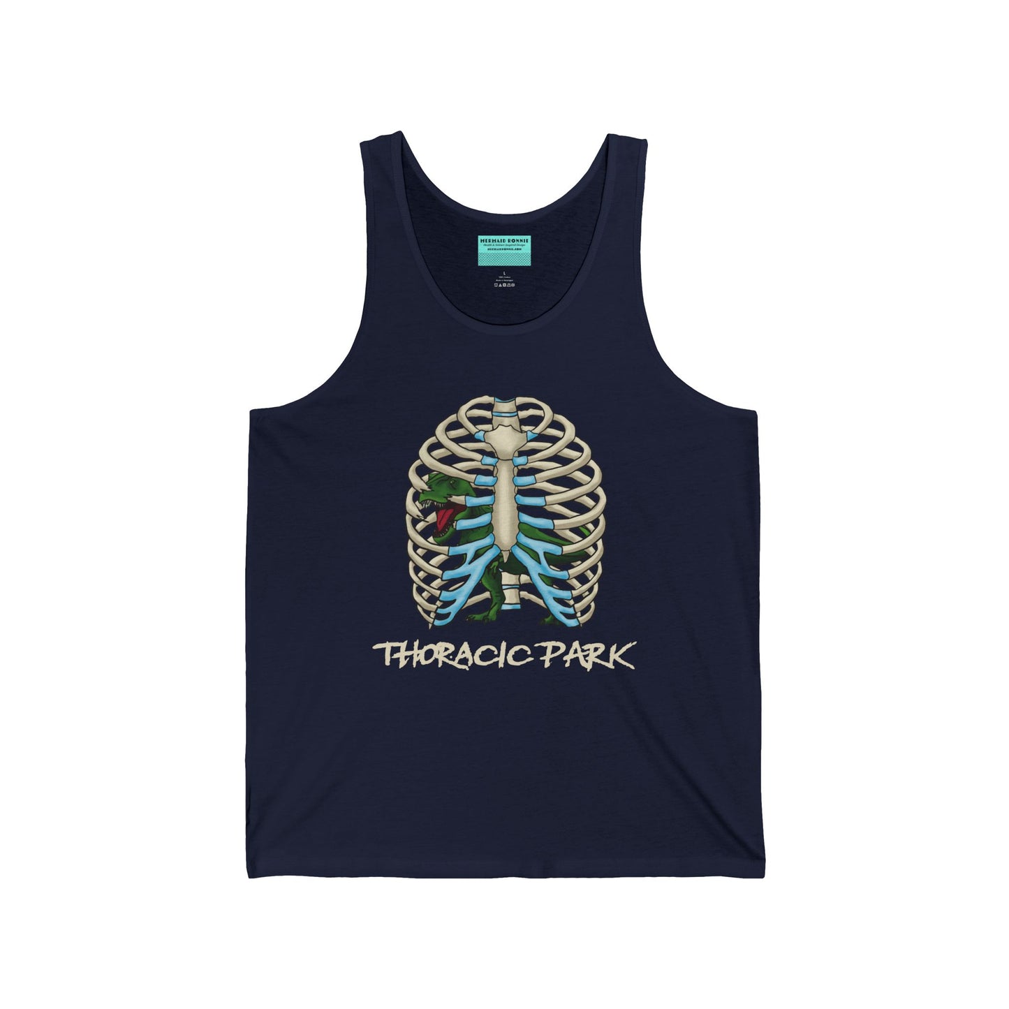 A navy unisex tank top featuring a ribcage with a T-Rex inside, and the punny text "Thoracic Park"—perfect for fans of both dino-sized humor and anatomy!