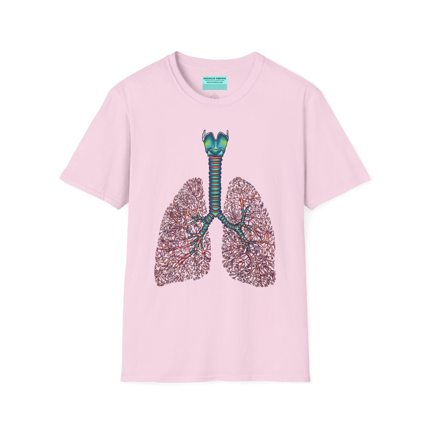 Pink t-shirt featuring an illustration of anatomical lungs, including the bronchi, trachea, and larynx.