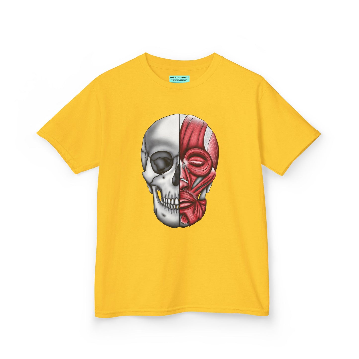 Kids' t-shirt in yellow featuring an anatomical drawing of a human skull, with facial muscles illustrated on one half of the skull.