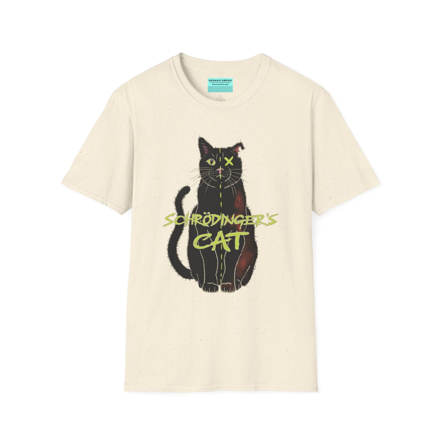 Beige unisex short-sleeve tee featuring the infamous Schrödinger’s cat—half-alive, half-dead, and fully committed to quantum confusion. The feline paradox lounges proudly beneath the words "Schrödinger's Cat," because science jokes are both alive and kicking and six feet under.