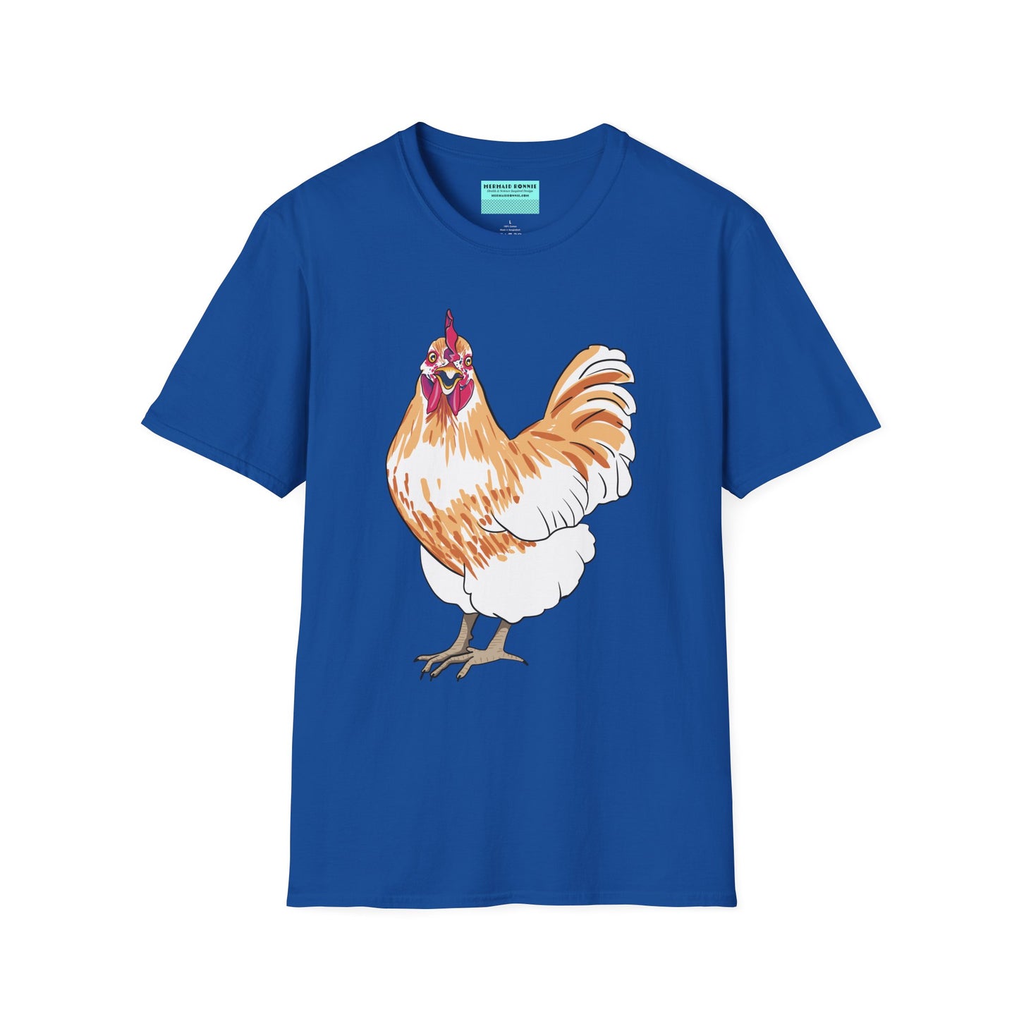 Royal blue t-shirt featuring an illustration of a chicken.