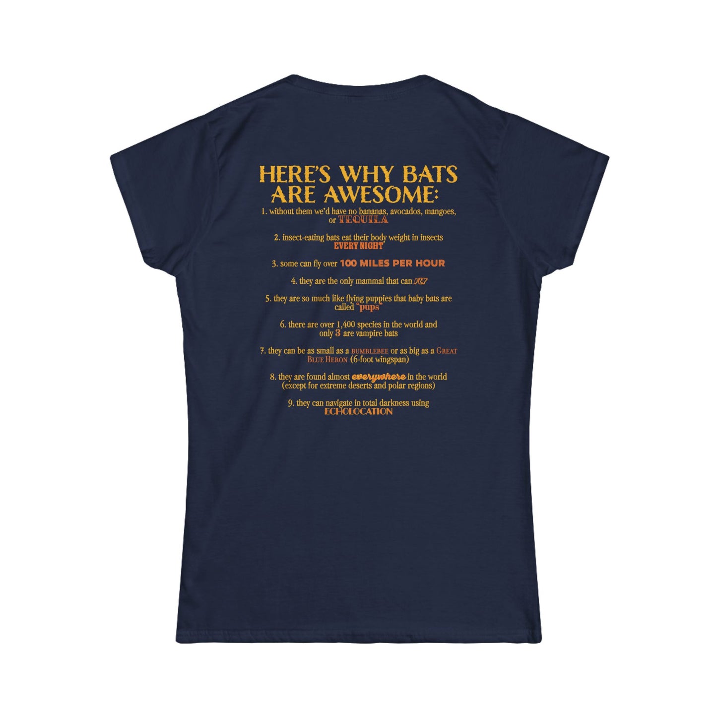 Back of a women’s t-shirt in navy, with the heading 'Here’s why bats are awesome' followed by a list of nine bat facts printed beneath it.