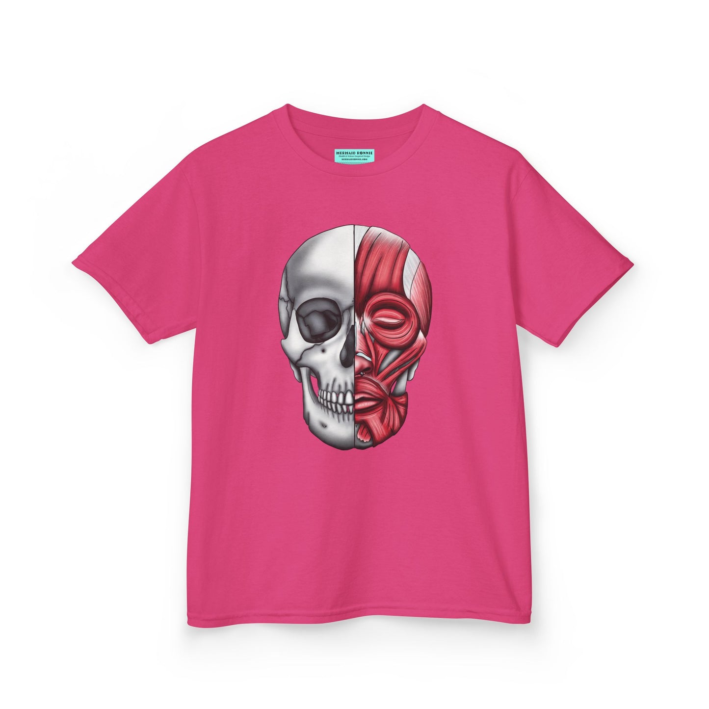 Kids' t-shirt in pink featuring an anatomical drawing of a human skull, with facial muscles illustrated on one half of the skull.