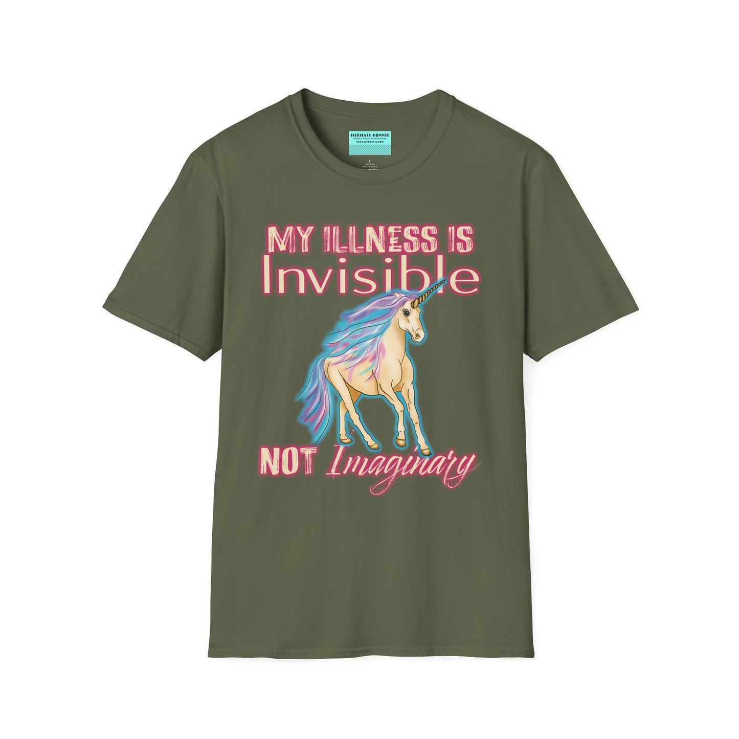 Green shirt featuring a drawing of a unicorn and the phrase 'My illness is invisible not imaginary'.