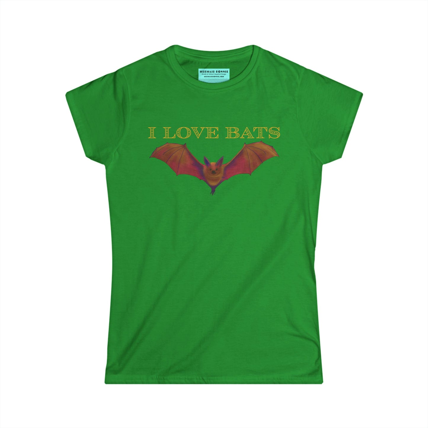Women’s t-shirt in green featuring a drawing of a brown bat and text that reads 'I love bats.'