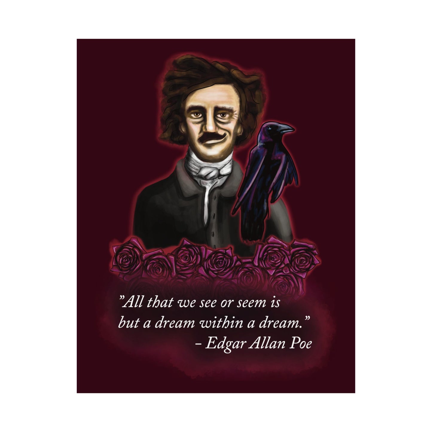 Edgar Allan Poe Wall Poster, Gothic Literary Art Print, Raven and Roses, Dream Within a Dream Quote
