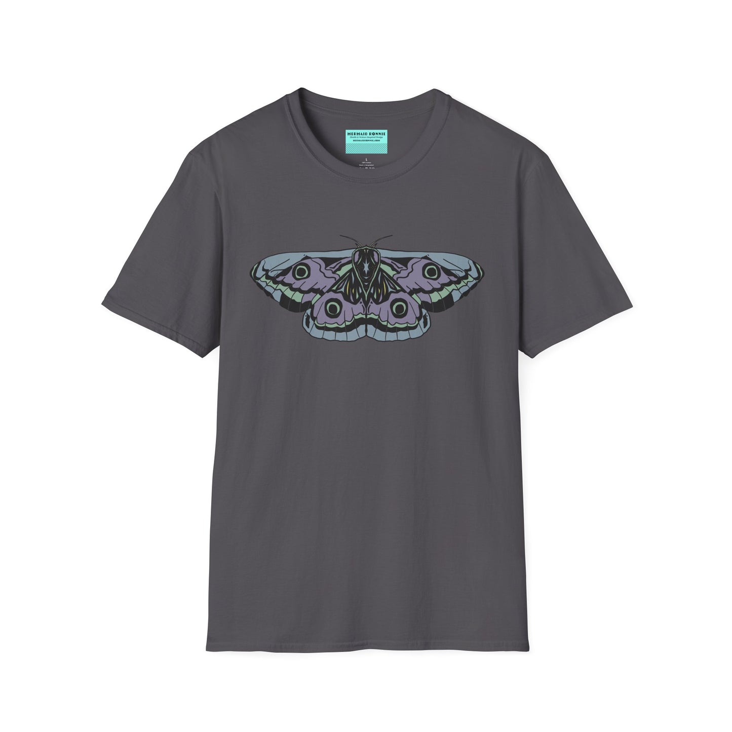 Dark grey t-shirt featuring a drawing of a blue and purple moth.