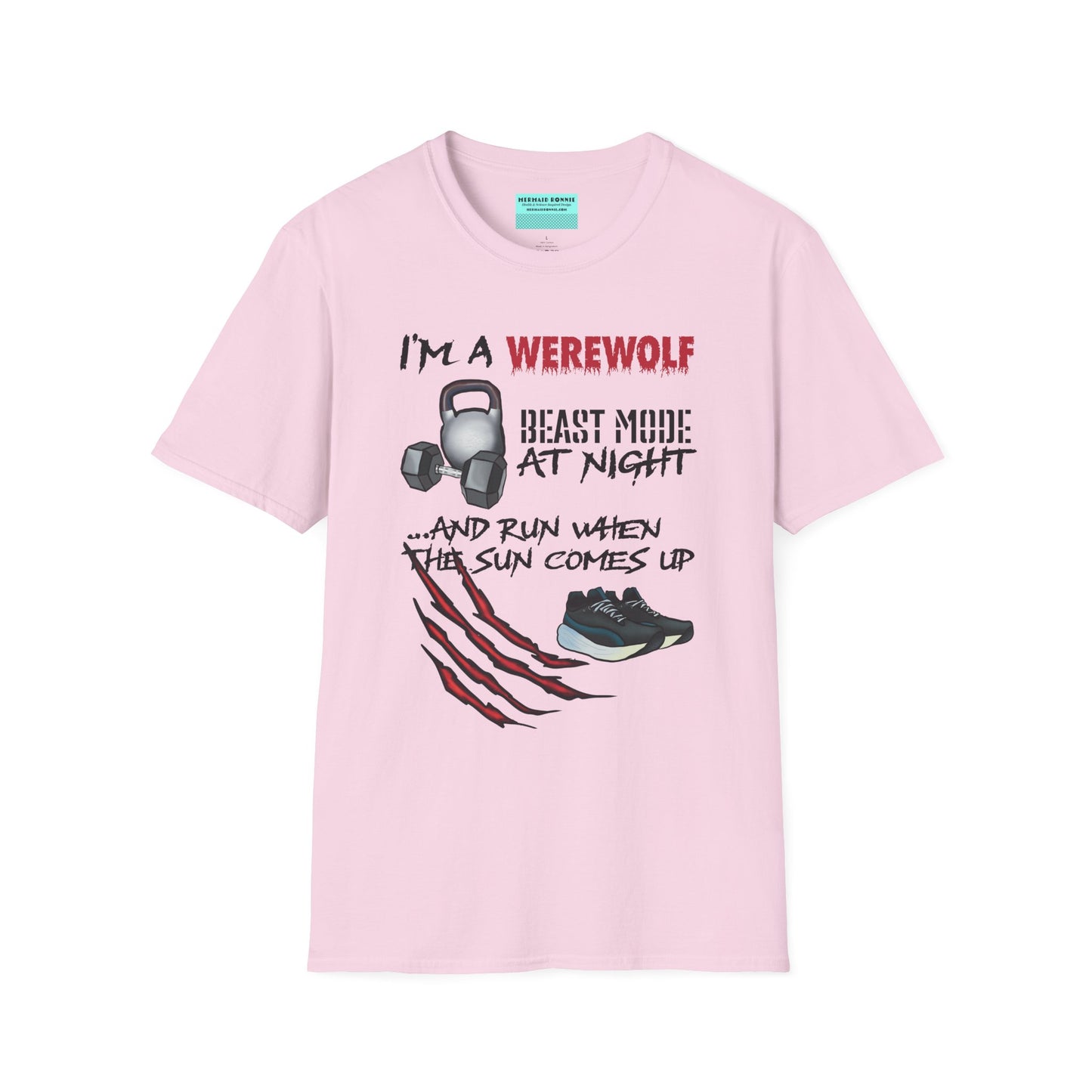 Pink t-shirt featuring illustrations of kettlebells, dumbbells, and running shoes, with the phrase 'I'm a werewolf. Beast mode at night, and run when the sun comes up.'