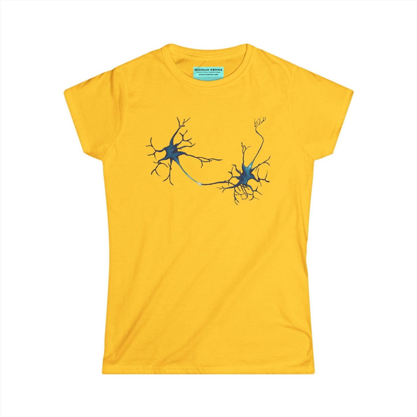 Women’s t-shirt in yellow featuring an illustration of two multipolar neurons forming a synapse.
