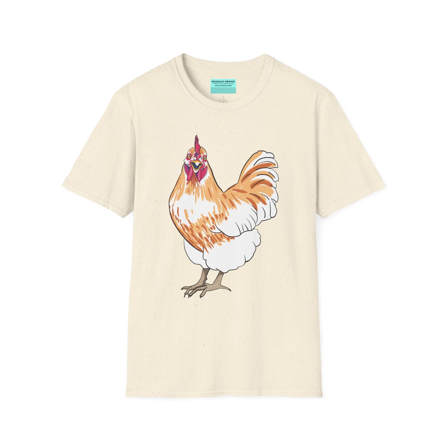 Beige t-shirt featuring an illustration of a chicken.