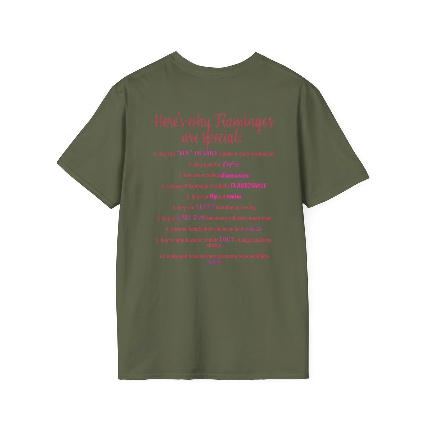 Back of a military green unisex short-sleeve tee that proudly declares “Here’s why flamingos are special” above a list of 10 fun flamingo facts — because nothing says style like bird-based trivia on your back.