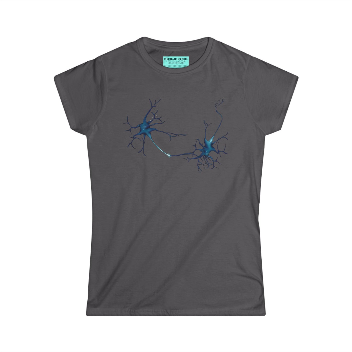 Women’s t-shirt in dark grey featuring an illustration of two multipolar neurons forming a synapse.