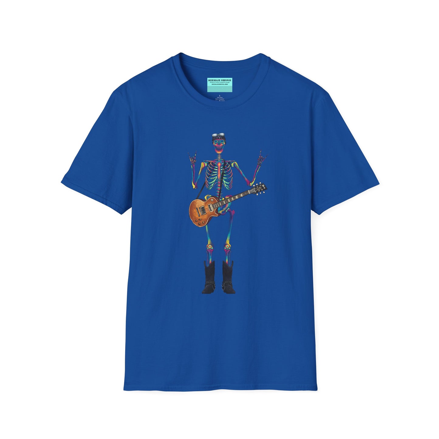 Royal blue t-shirt featuring a tie-dye skeleton holding a guitar, dressed like a classic rocker with boots, a bandana, and rock-style clothing.