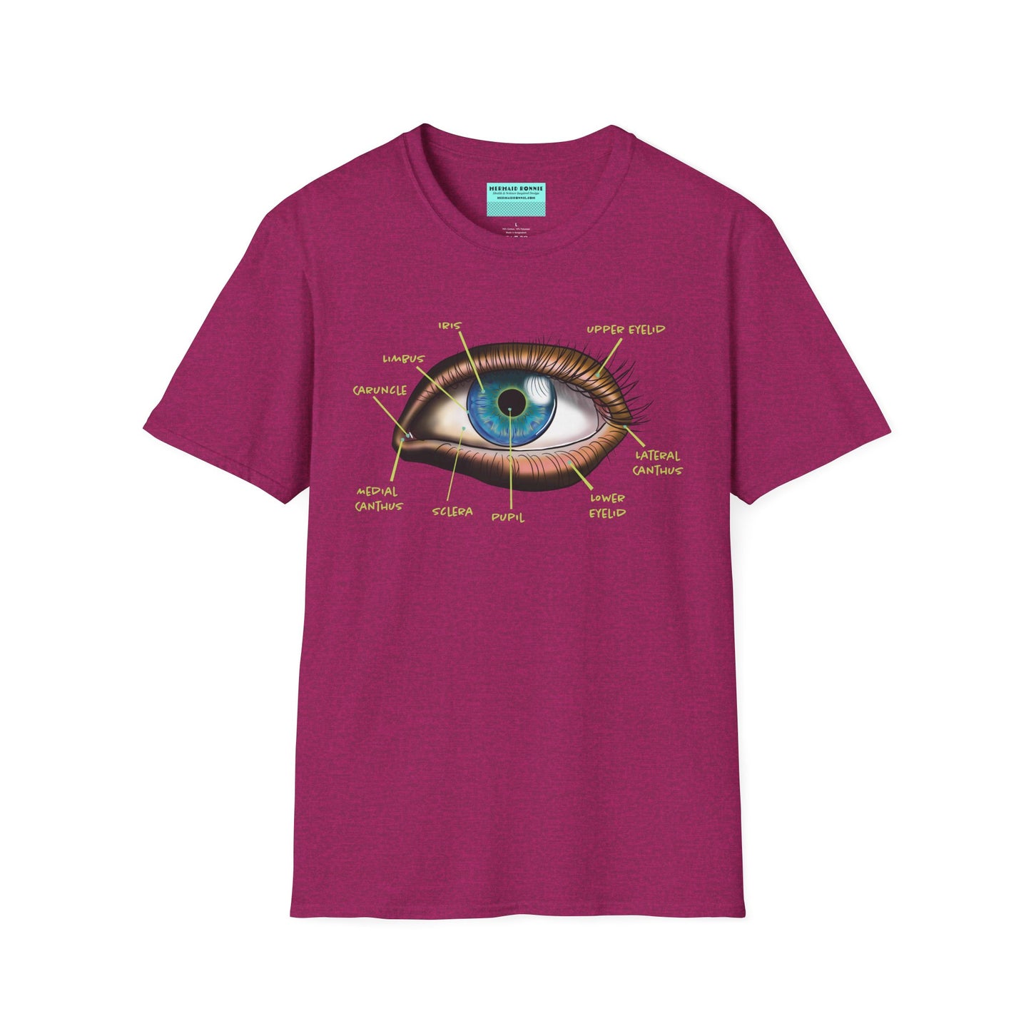 Pink shirt featuring an anatomical diagram of an eye, with labeled parts of the eye displayed.