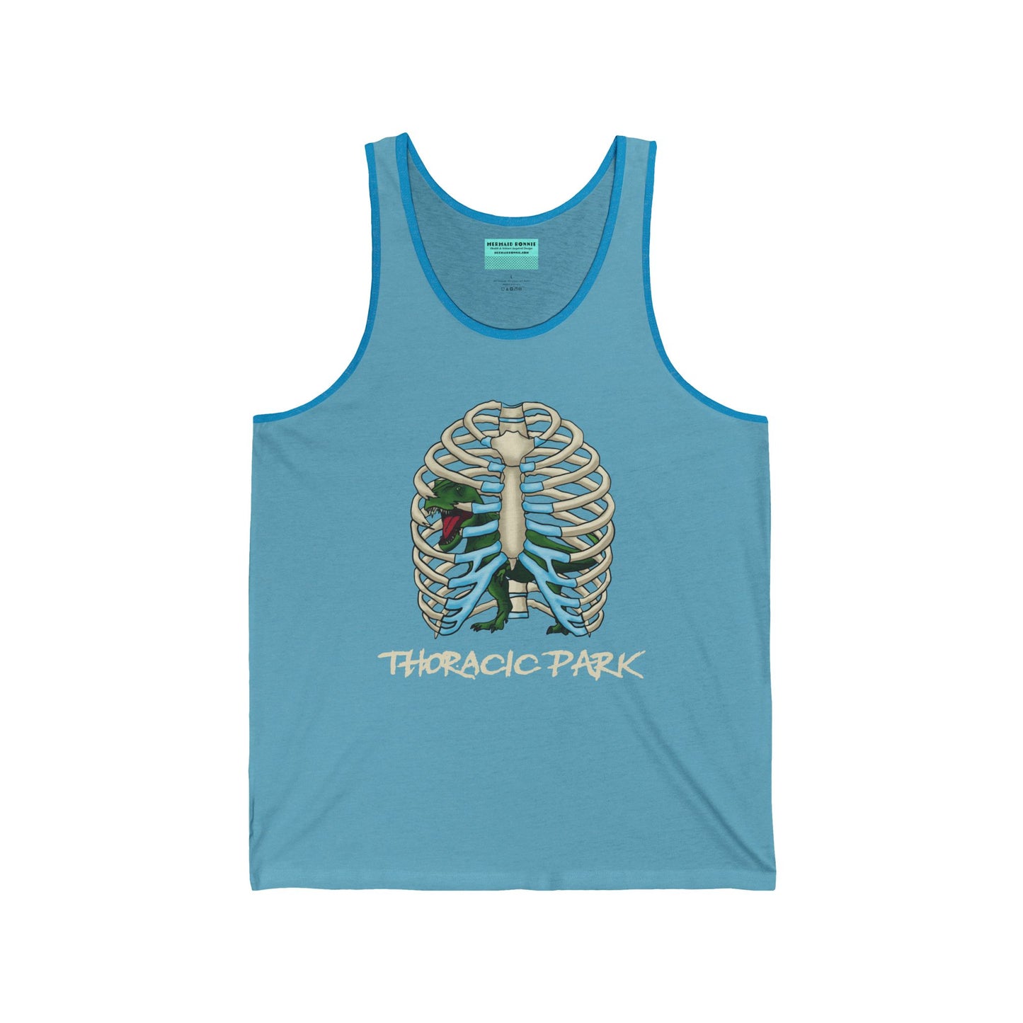 A light blue unisex tank top featuring a ribcage with a T-Rex inside, and the punny text "Thoracic Park"—perfect for fans of both dino-sized humor and anatomy!
