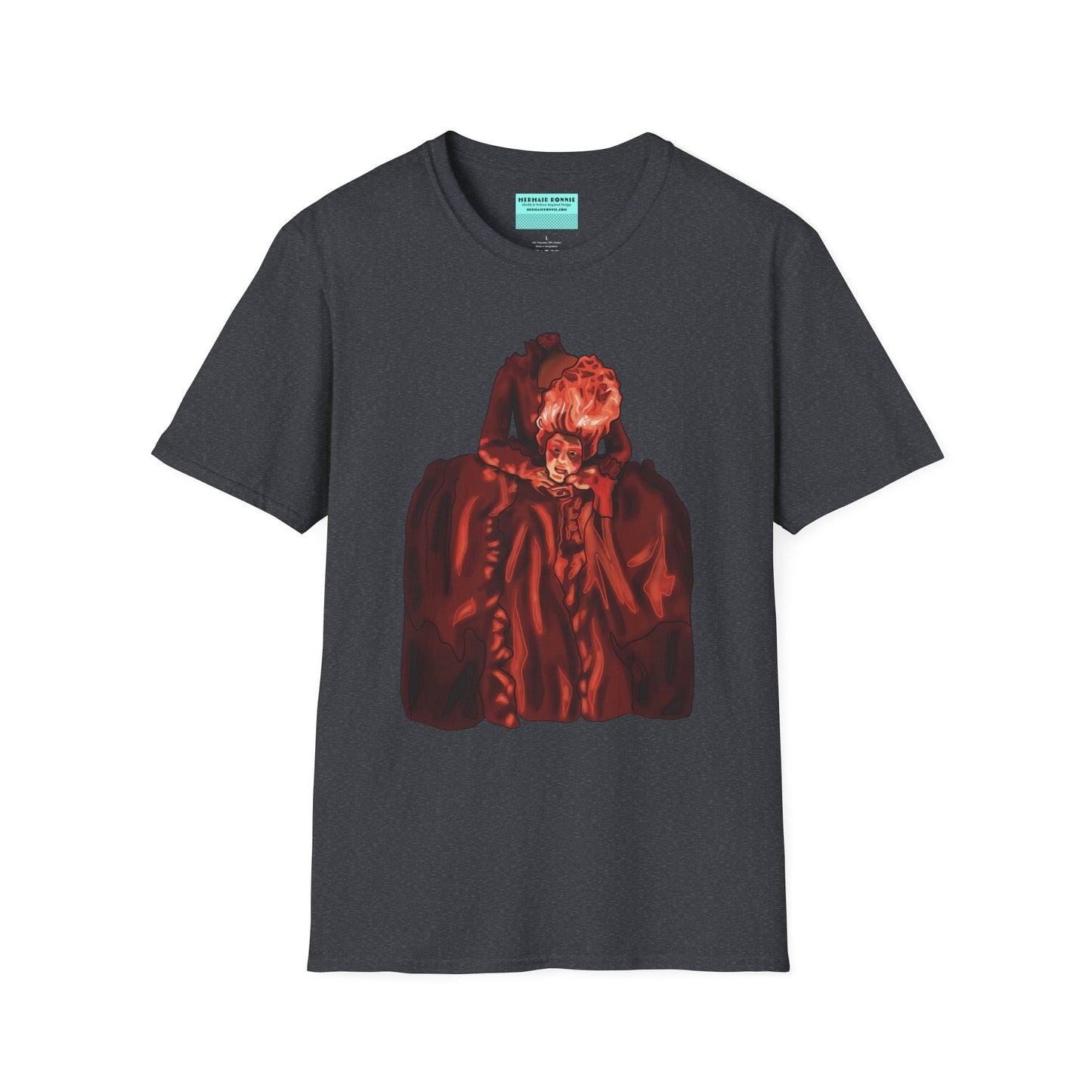Dark grey t-shirt featuring an illustration of a headless Marie Antoinette holding her own head in her hands.