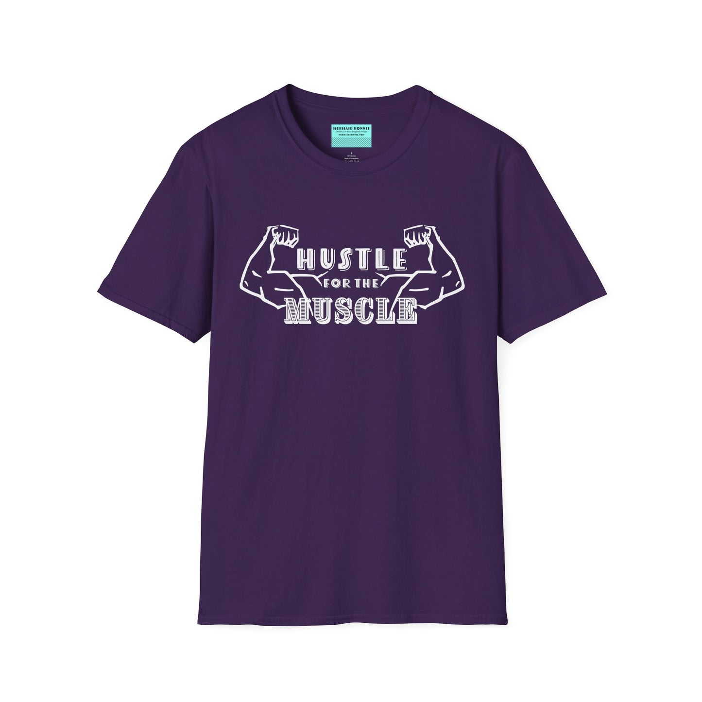 Purple unisex short sleeve t-shirt featuring a pair of flexed, muscle-bound arms and the bold text "Hustle for the Muscle"—because gains don’t come from wishes, they come from reps.