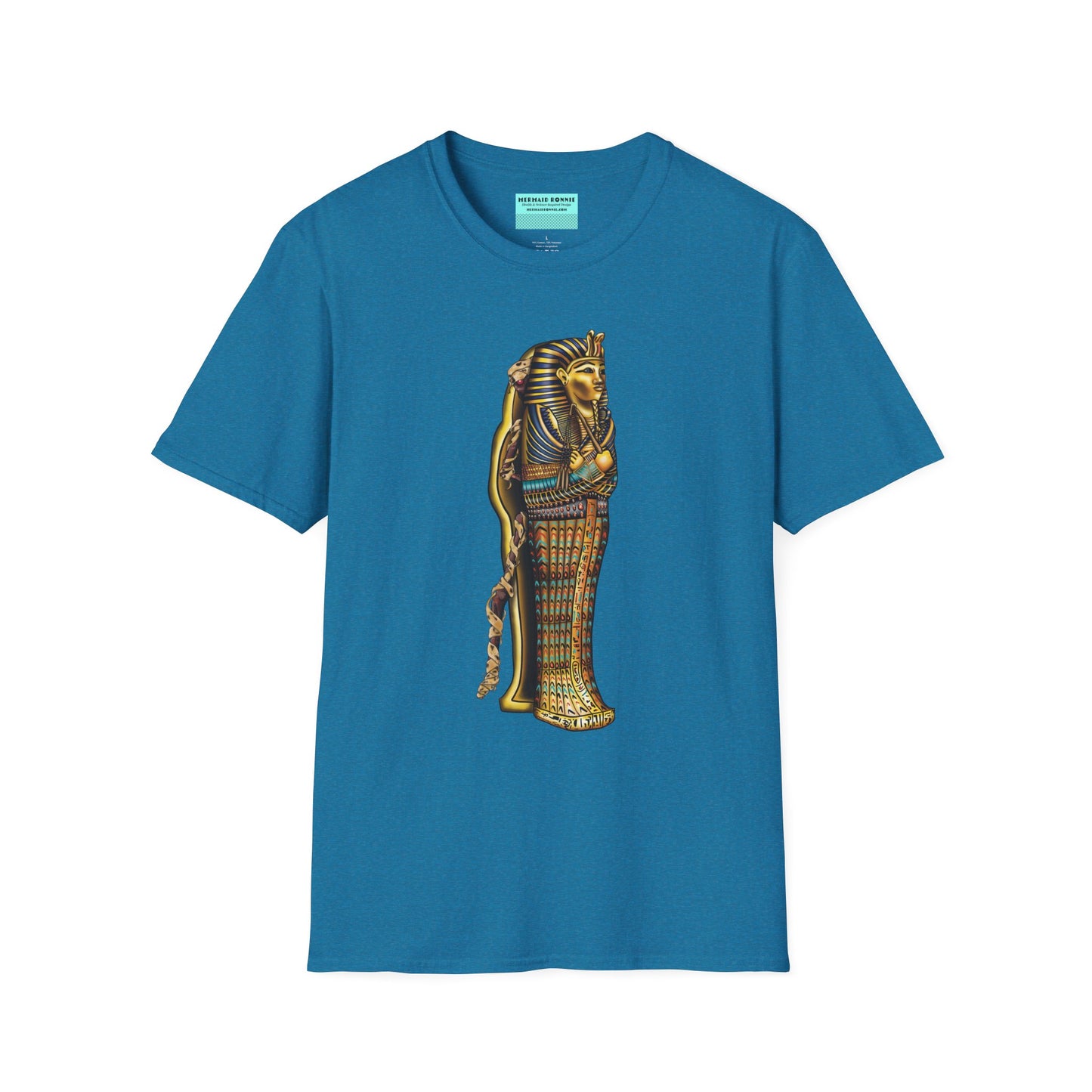 Tropical blue t-shirt featuring an illustration of an Egyptian sarcophagus, with a mummy stepping out of it and glowing red eyes.