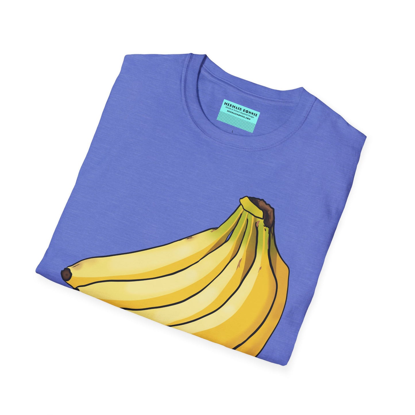 Folded blue t-shirt featuring an illustration of a bunch of bananas.