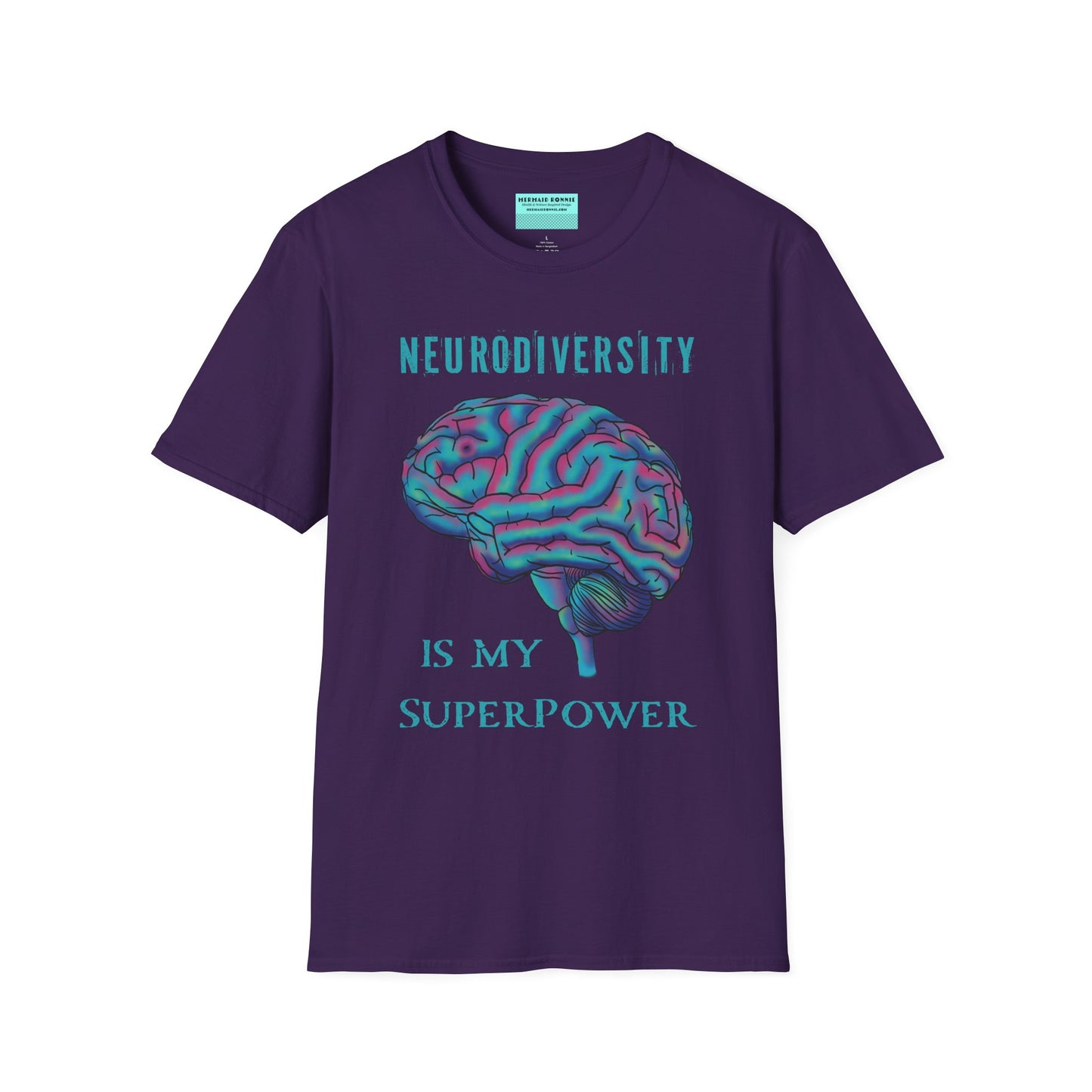 Purple t-shirt featuring an anatomical drawing of a brain, with the phrase 'Neurodiversity is my superpower' printed on it.