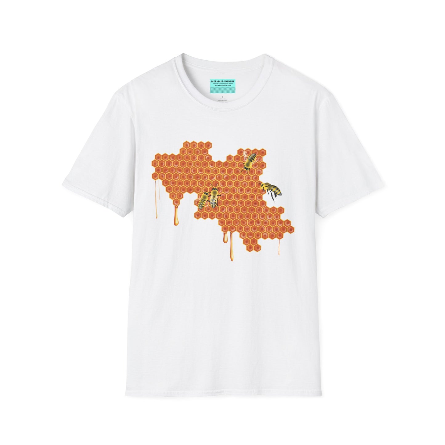 White t-shirt featuring a picture of honeybees buzzing around a large piece of honeycomb with honey dripping down from it.