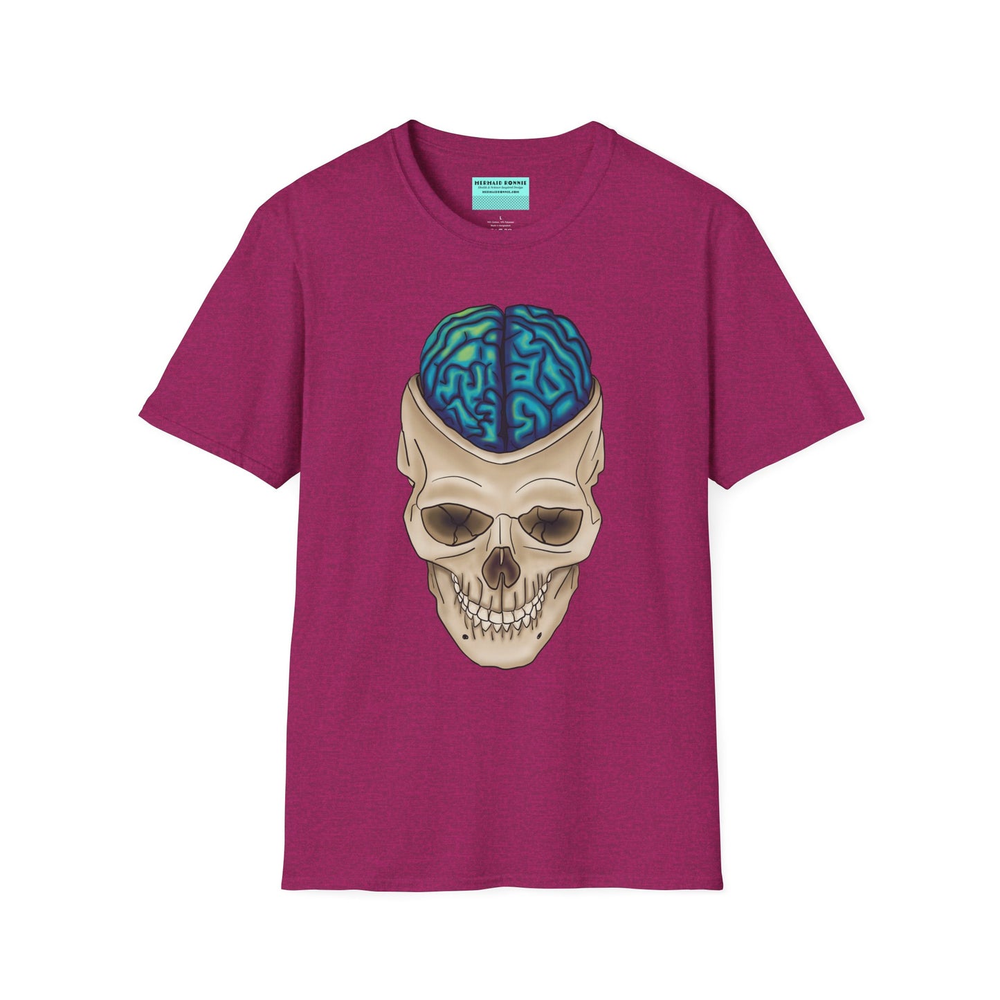 Fuscia t-shirt featuring a drawing of an anatomical skull, with a brain emerging from the top.