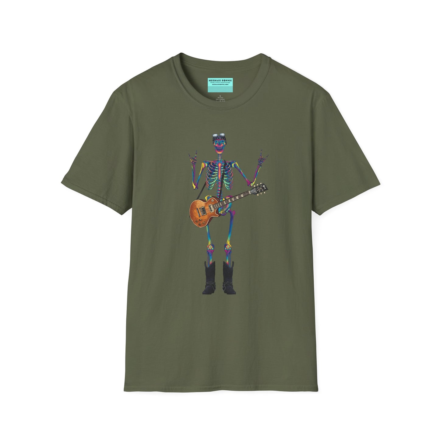 Military green t-shirt featuring a tie-dye skeleton holding a guitar, dressed like a classic rocker with boots, a bandana, and rock-style clothing.