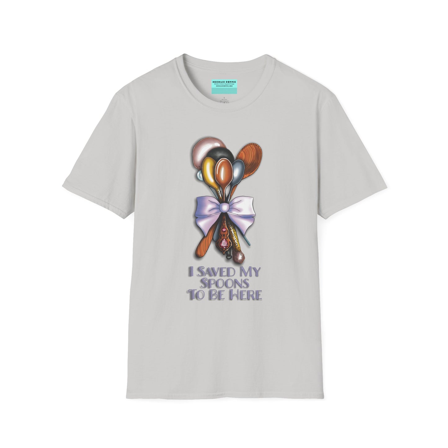 Grey t-shirt with an illustration of a bouquet of spoons and the phrase 'I saved my spoons to be here' printed on the front.