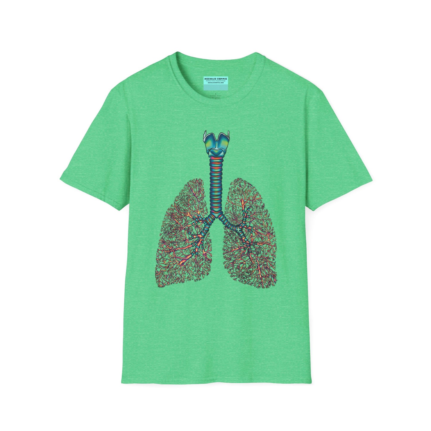 Green t-shirt featuring an illustration of anatomical lungs, including the bronchi, trachea, and larynx.