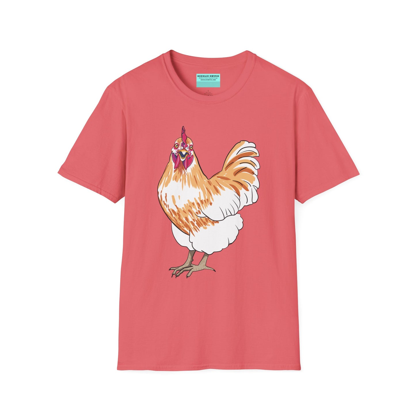 Coral t-shirt featuring an illustration of a chicken.