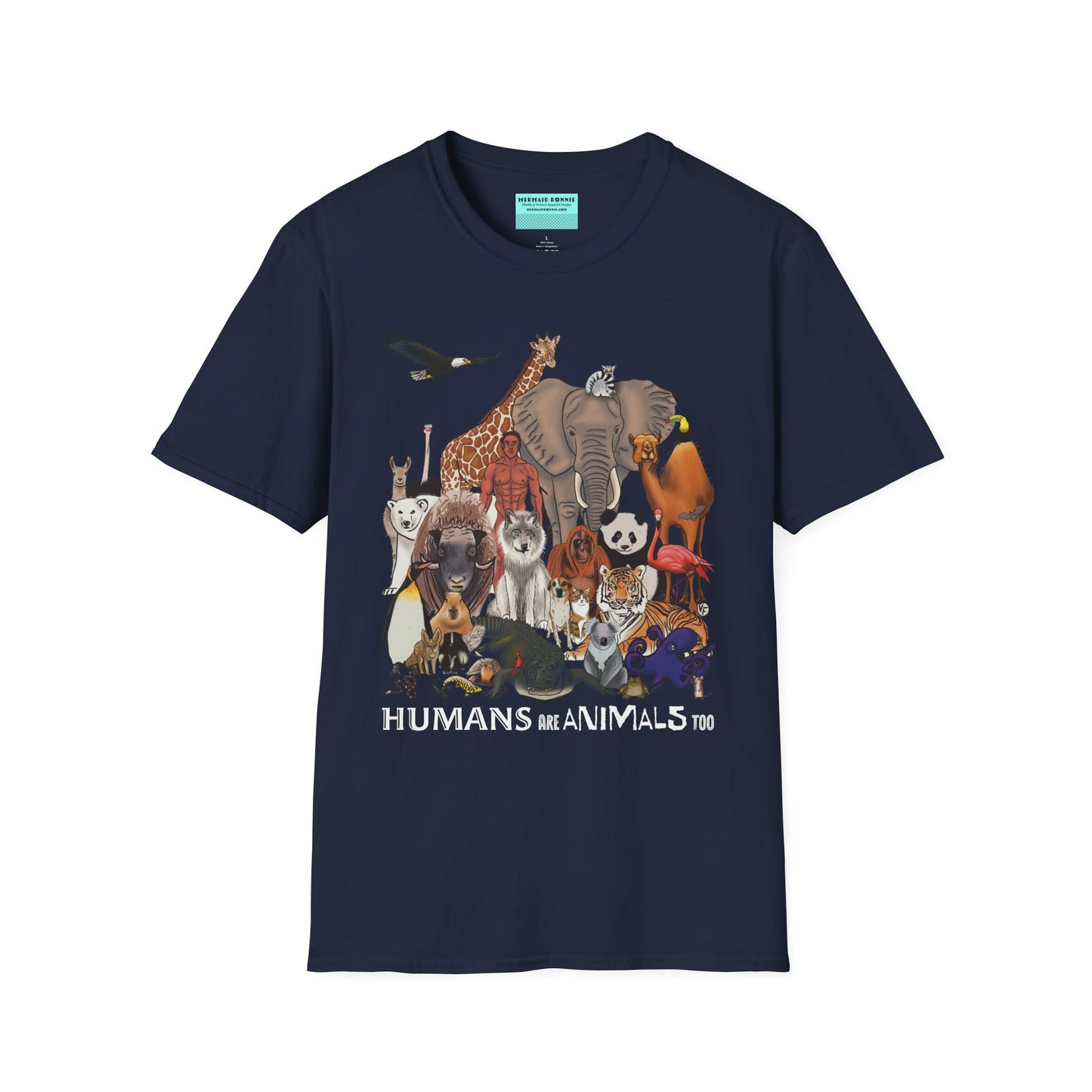 Navy unisex short sleeve tee featuring a diverse group of illustrated animals—like an elephant, bird, cat, and more—gathered around a human in the center. Below the image, the text reads "humans are animals too," celebrating our place in the animal kingdom with a touch of humor and humility.