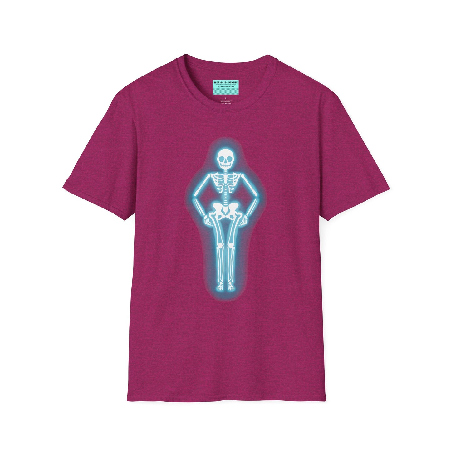 Fuscia t-shirt featuring an illustration of a glowing neon sign in the shape of a skeleton.