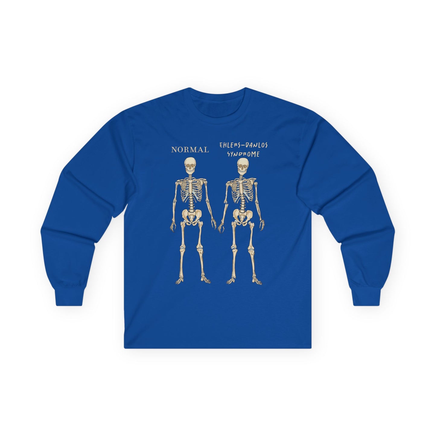A royal blue long sleeve shirt with two skeletons side by side—one labeled "normal," the other "Ehlers-Danlos Syndrome"—visually showcasing the effects of EDS with a clever, anatomy-inspired twist.