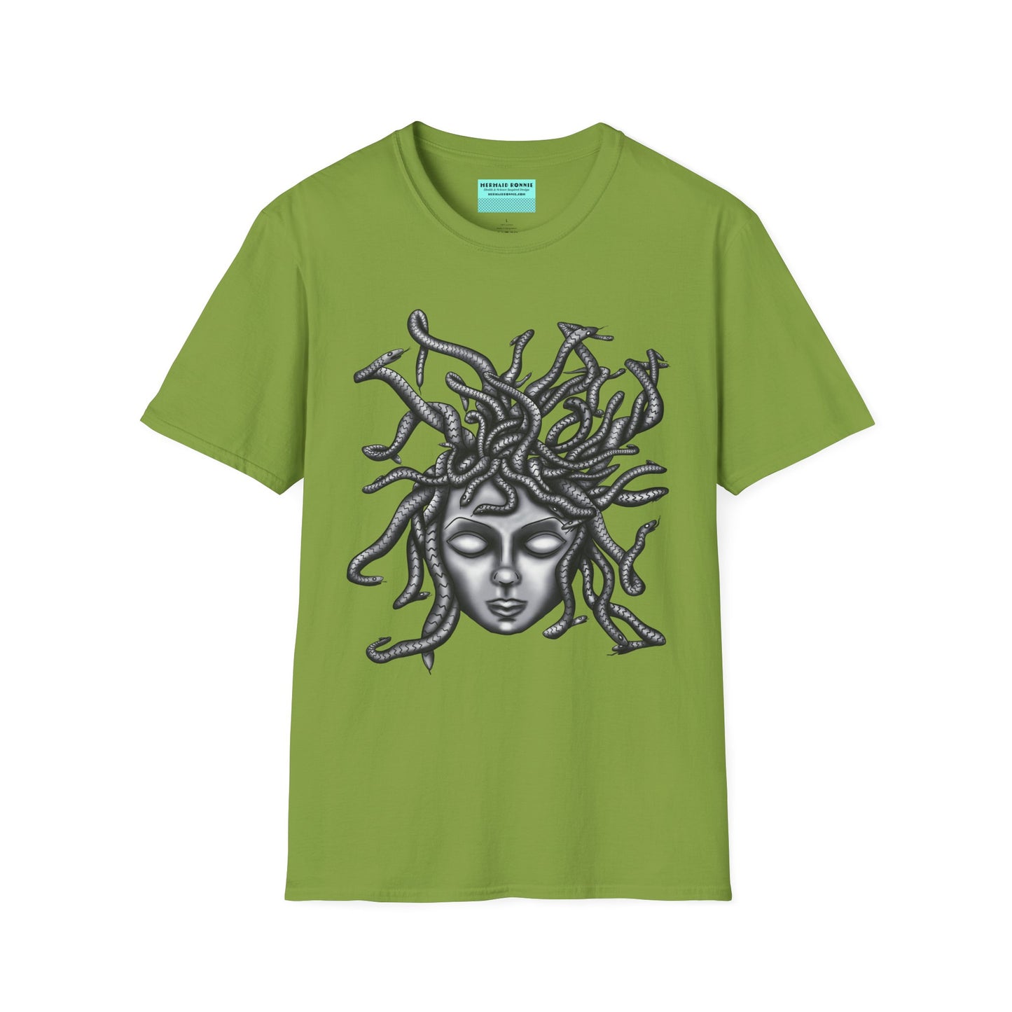 Green t-shirt featuring a grayscale drawing of Medusa.