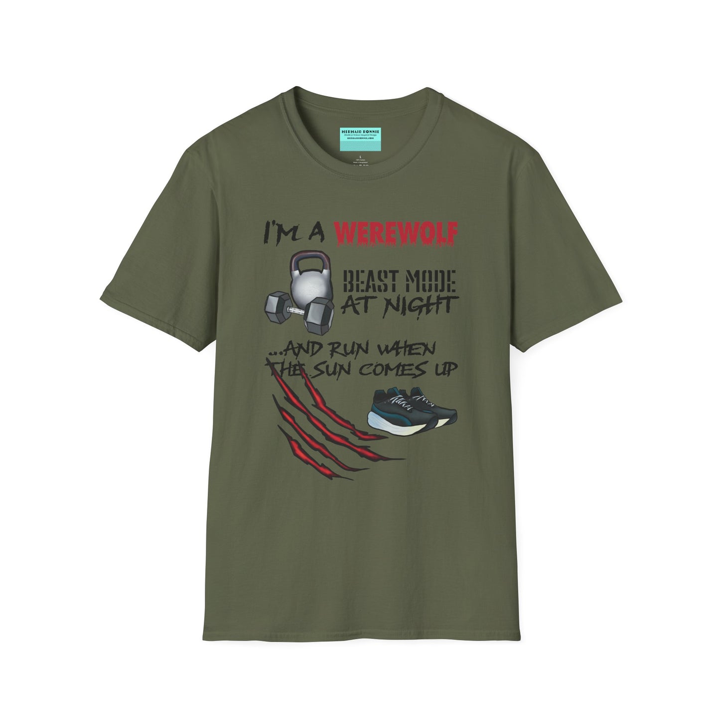 Military green t-shirt featuring illustrations of kettlebells, dumbbells, and running shoes, with the phrase 'I'm a werewolf. Beast mode at night, and run when the sun comes up.'