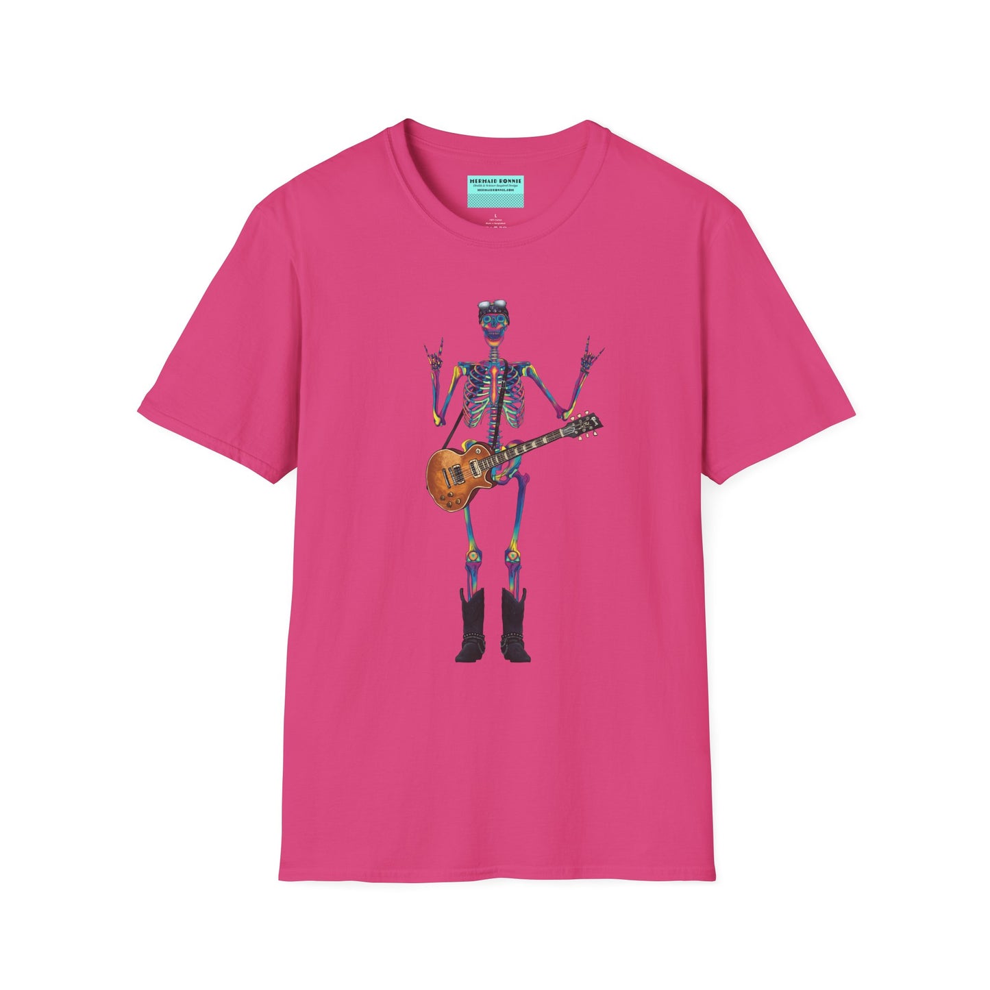 Pink t-shirt featuring a tie-dye skeleton holding a guitar, dressed like a classic rocker with boots, a bandana, and rock-style clothing.