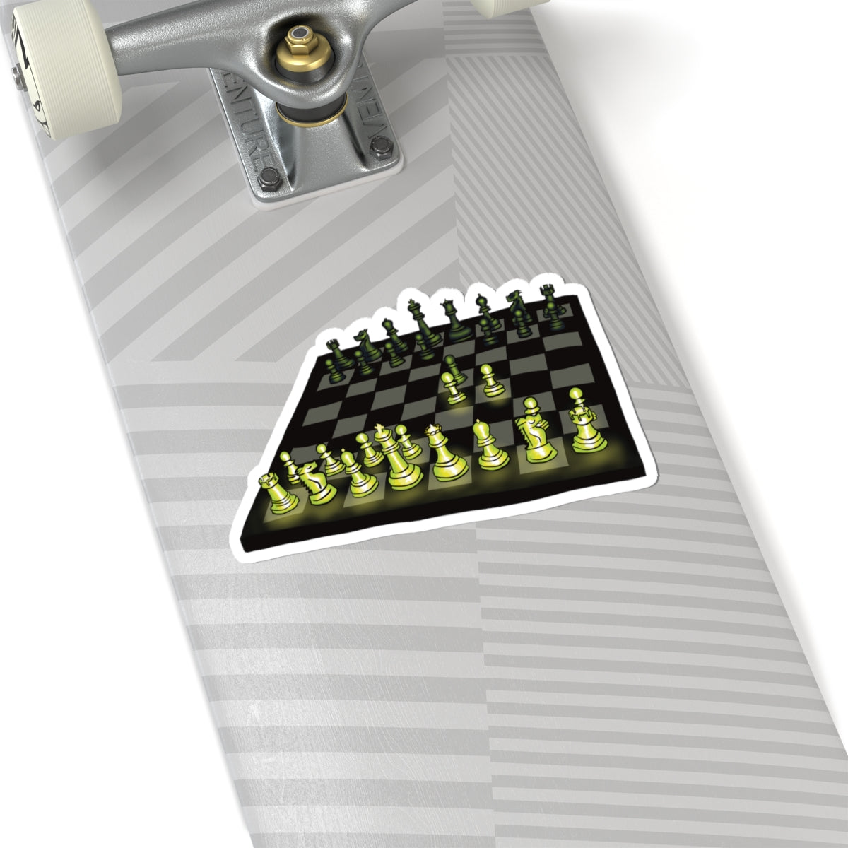 Large sticker on a skateboard featuring a drawing of a chessboard with pieces illuminated by green light, showing the opening move known as the Queen’s Gambit.