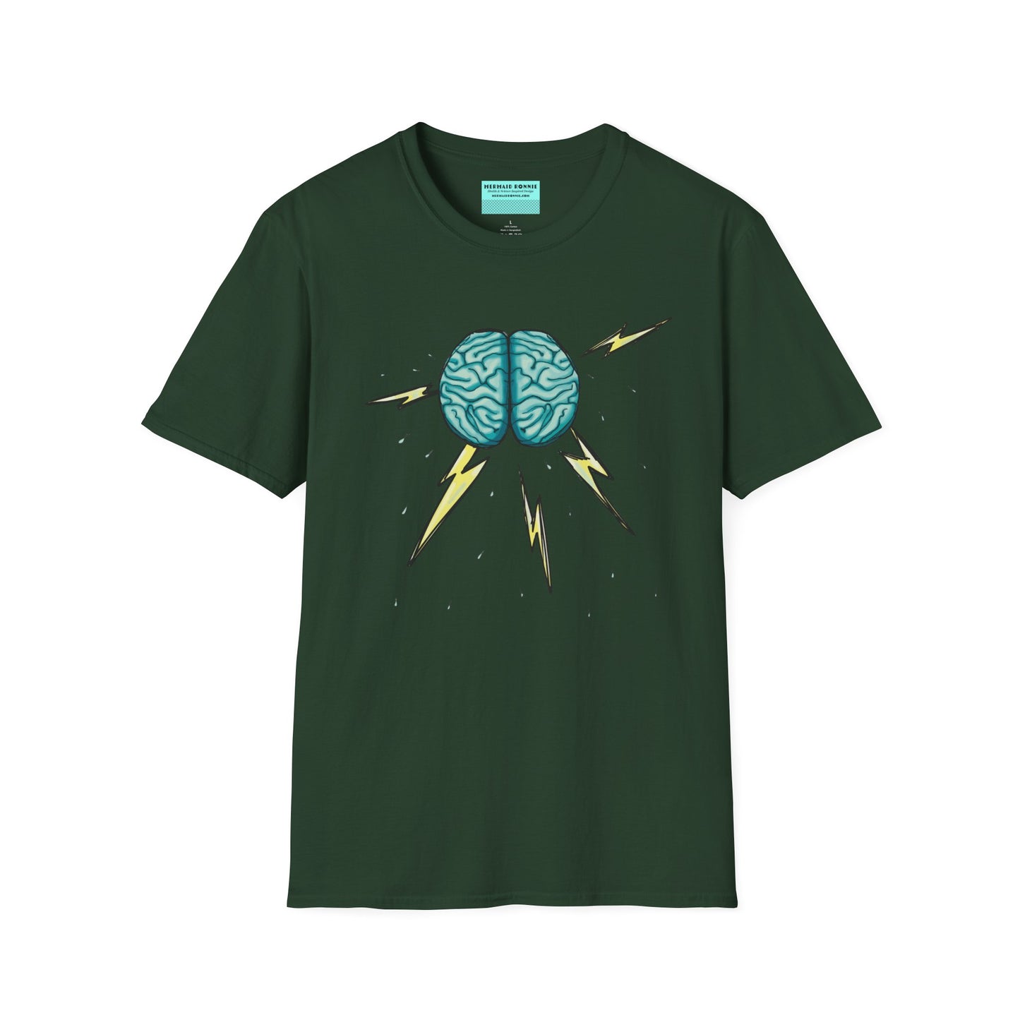 Green unisex short sleeve tee featuring an illustration of a brain with lightning bolts and rain pouring from it, giving a literal twist to the term "brainstorm"—because sometimes, even the best ideas need a little weathering!