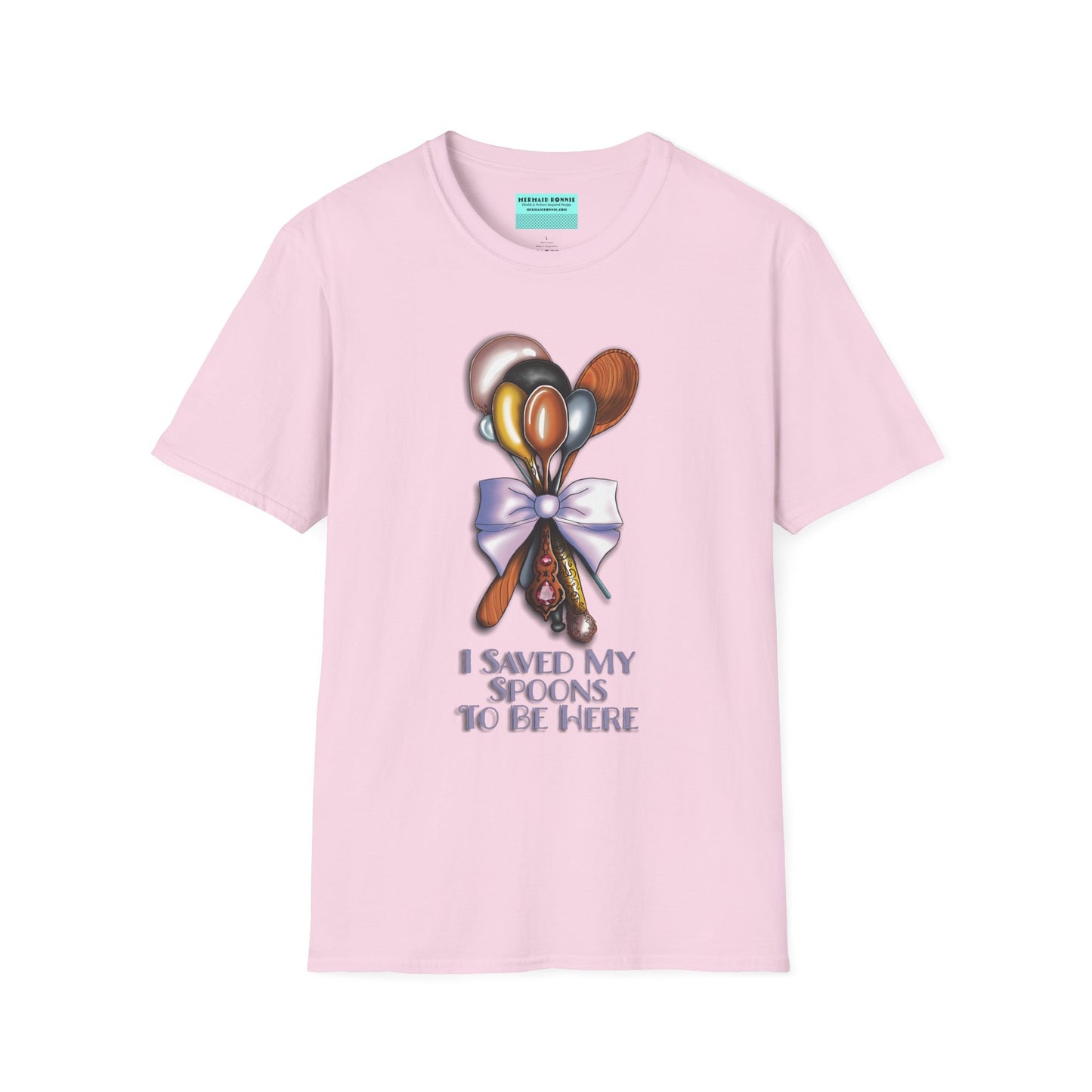 Pink t-shirt with an illustration of a bouquet of spoons and the phrase 'I saved my spoons to be here' printed on the front.