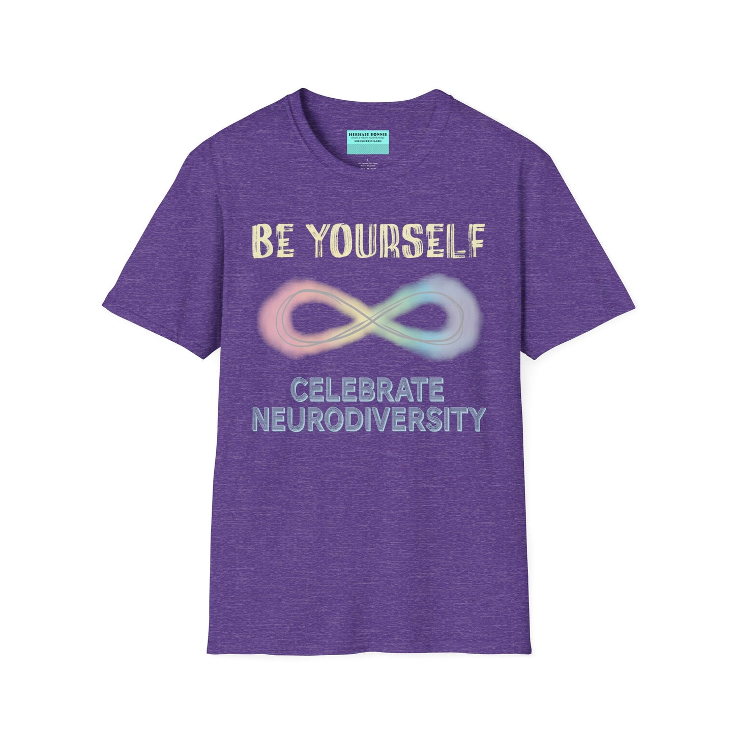 Purple t-shirt featuring a pastel-colored rainbow infinity symbol, with the text 'Be yourself, celebrate neurodiversity'.
