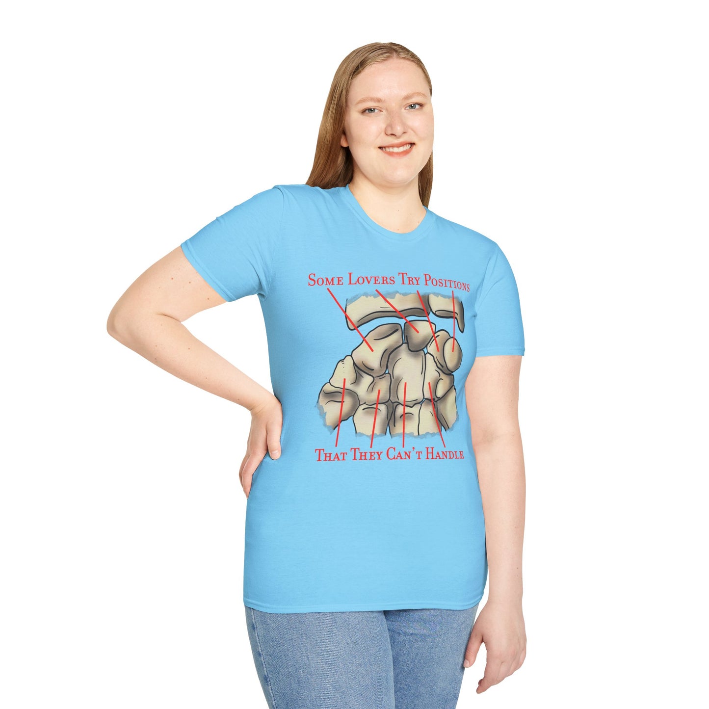 Woman wearing a blue t-shirt featuring an anatomical drawing of the carpal bones, with the mnemonic 'Some lovers try positions that they can't handle' displayed.