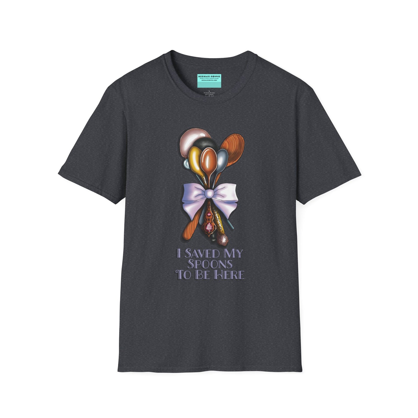 Grey t-shirt with an illustration of a bouquet of spoons and the phrase 'I saved my spoons to be here' printed on the front.