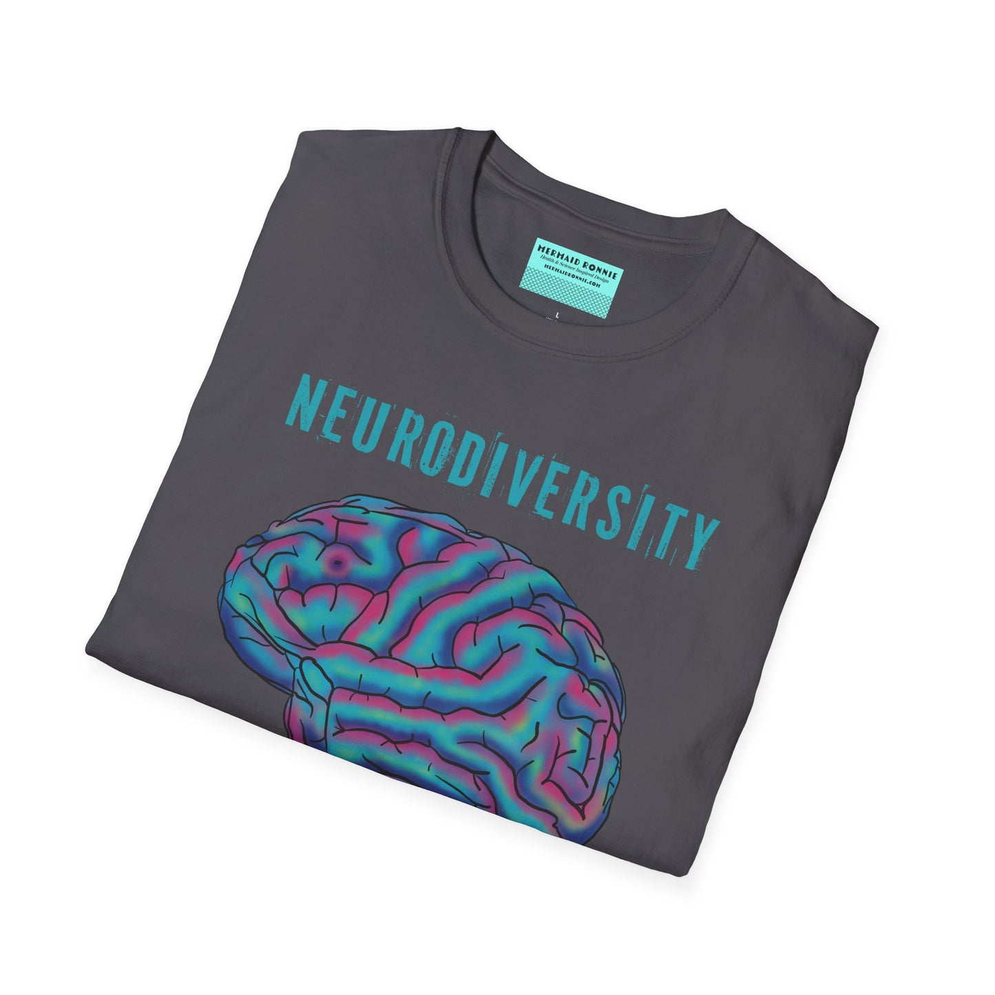 Folded grey t-shirt featuring an anatomical drawing of a brain, with the phrase 'Neurodiversity is my superpower' printed on it.