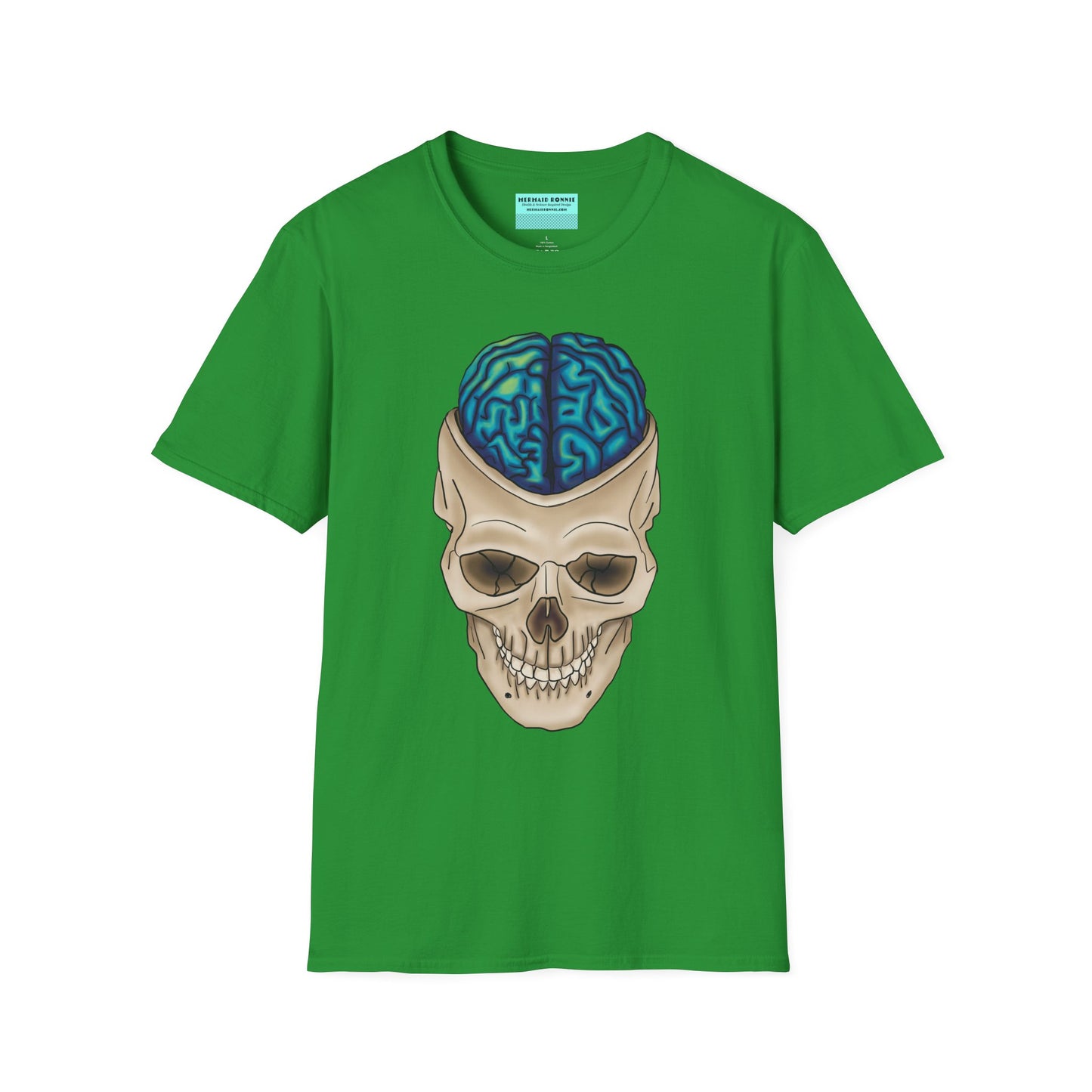 Green t-shirt featuring a drawing of an anatomical skull, with a brain emerging from the top.
