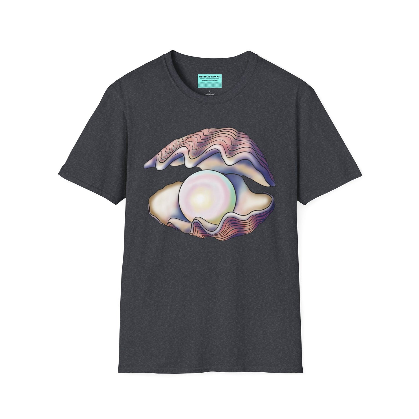 Grey t-shirt featuring an illustration of a large oyster with a luminescent pearl inside.