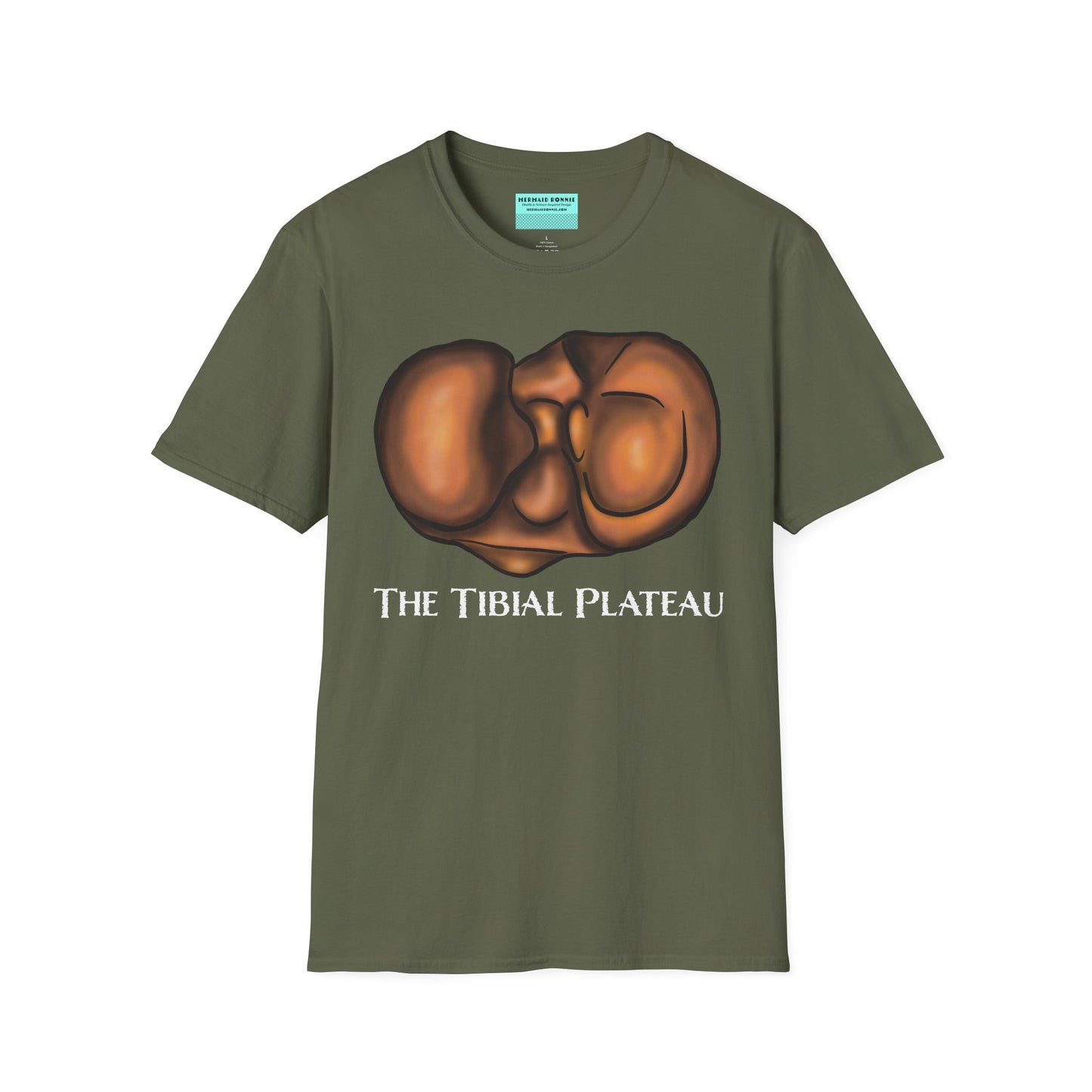 Military green unisex short sleeve tee featuring a clever anatomical illustration of the tibial plateau, reimagined as a landscape with rolling hills—because who knew the tibia could be so scenic?
