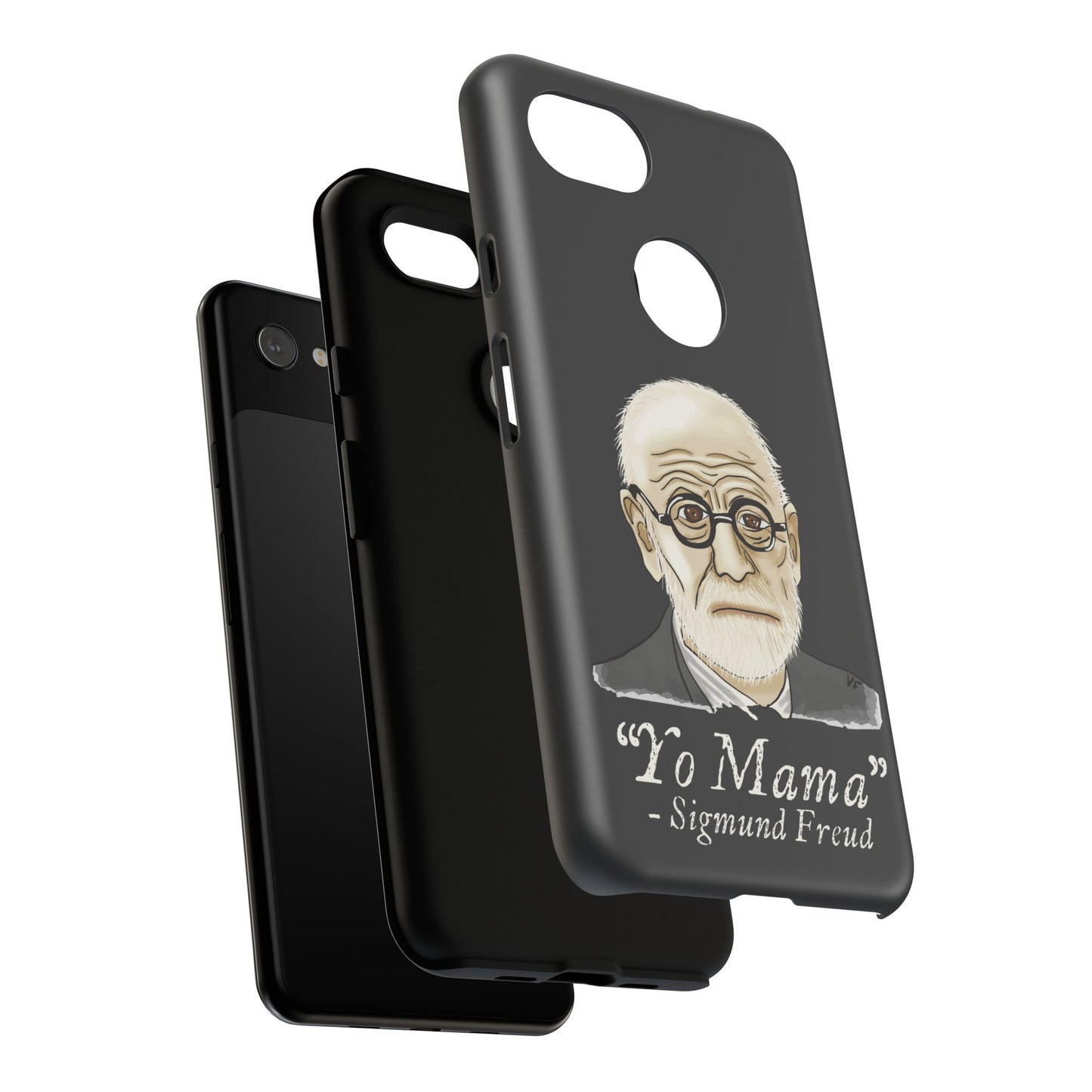 Dark grey phone case featuring a portrait of Sigmund Freud, paired with the cheeky quote “yo mama”—because even the father of psychoanalysis had mommy issues. This picture shows the different components of the case.