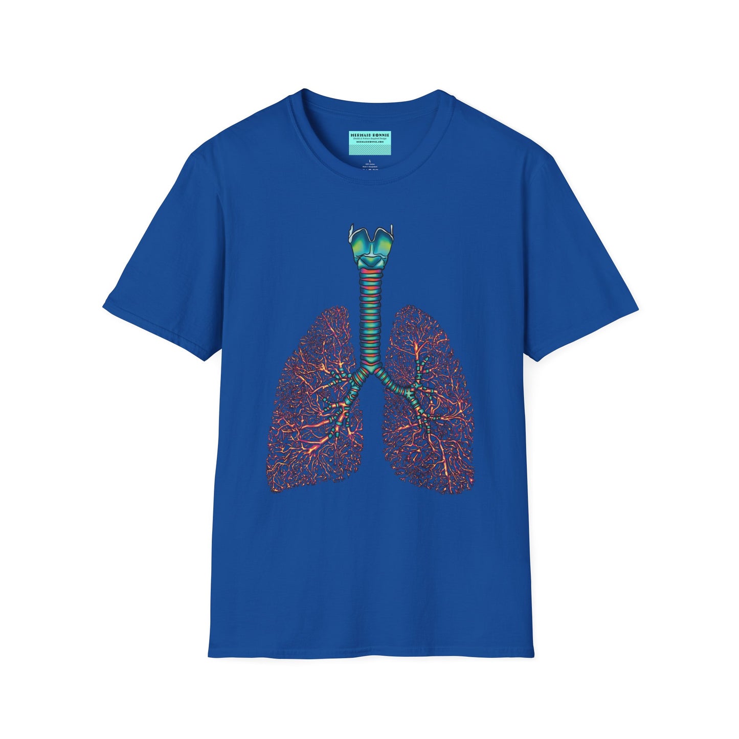 Royal blue t-shirt featuring an illustration of anatomical lungs, including the bronchi, trachea, and larynx.
