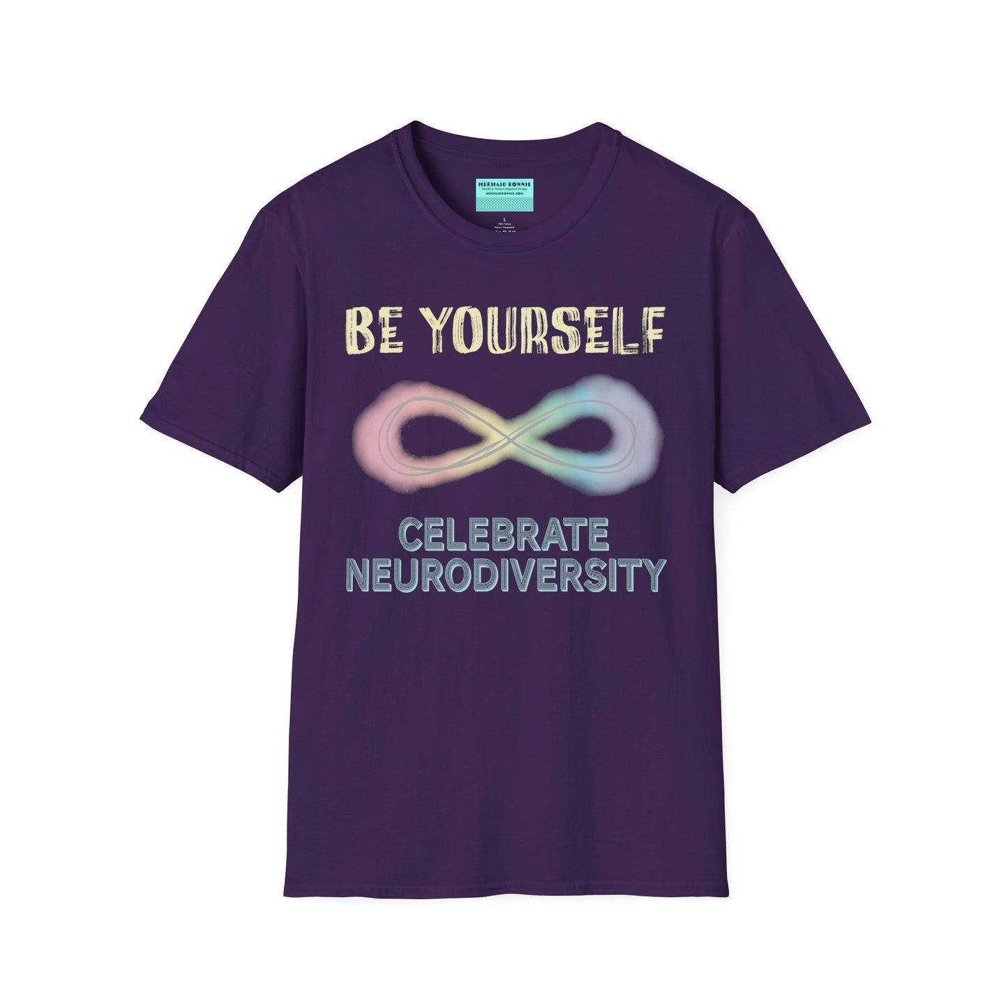 Dark purple t-shirt featuring a pastel-colored rainbow infinity symbol, with the text 'Be yourself, celebrate neurodiversity'.