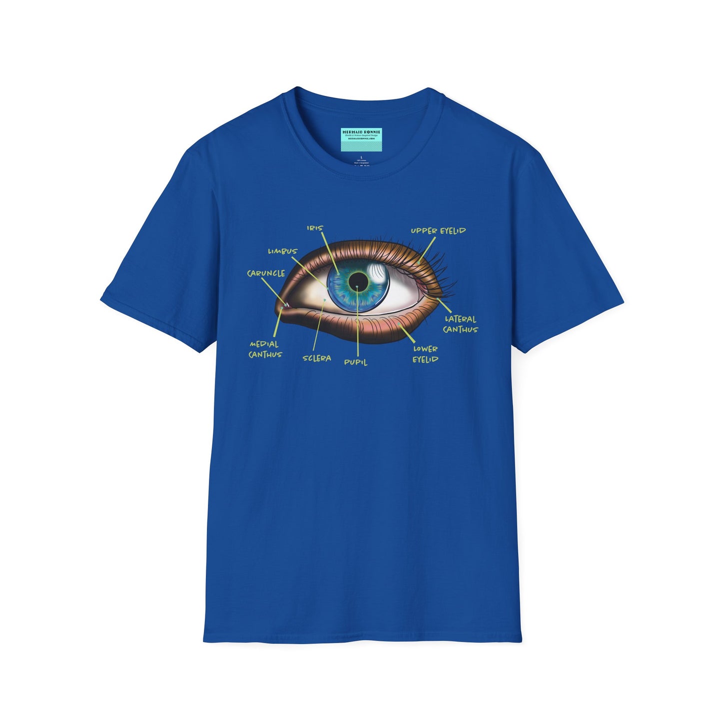 Blue shirt featuring an anatomical diagram of an eye, with labeled parts of the eye displayed.